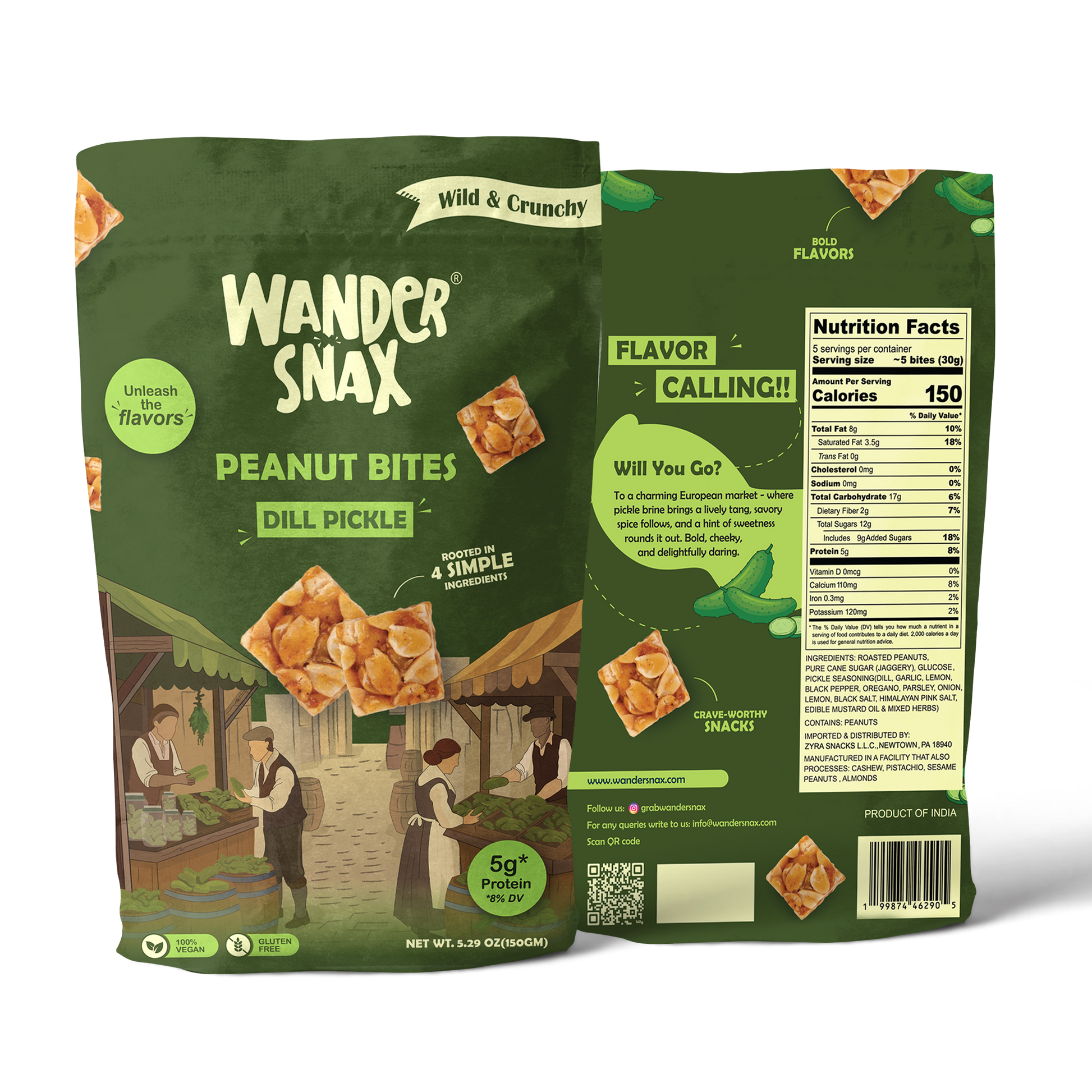WanderSnax Dill Pickle Peanut Bites packaging with front and back views on a transparent background