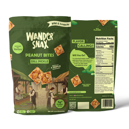WanderSnax Dill Pickle Peanut Bites packaging with front and back views on a transparent background