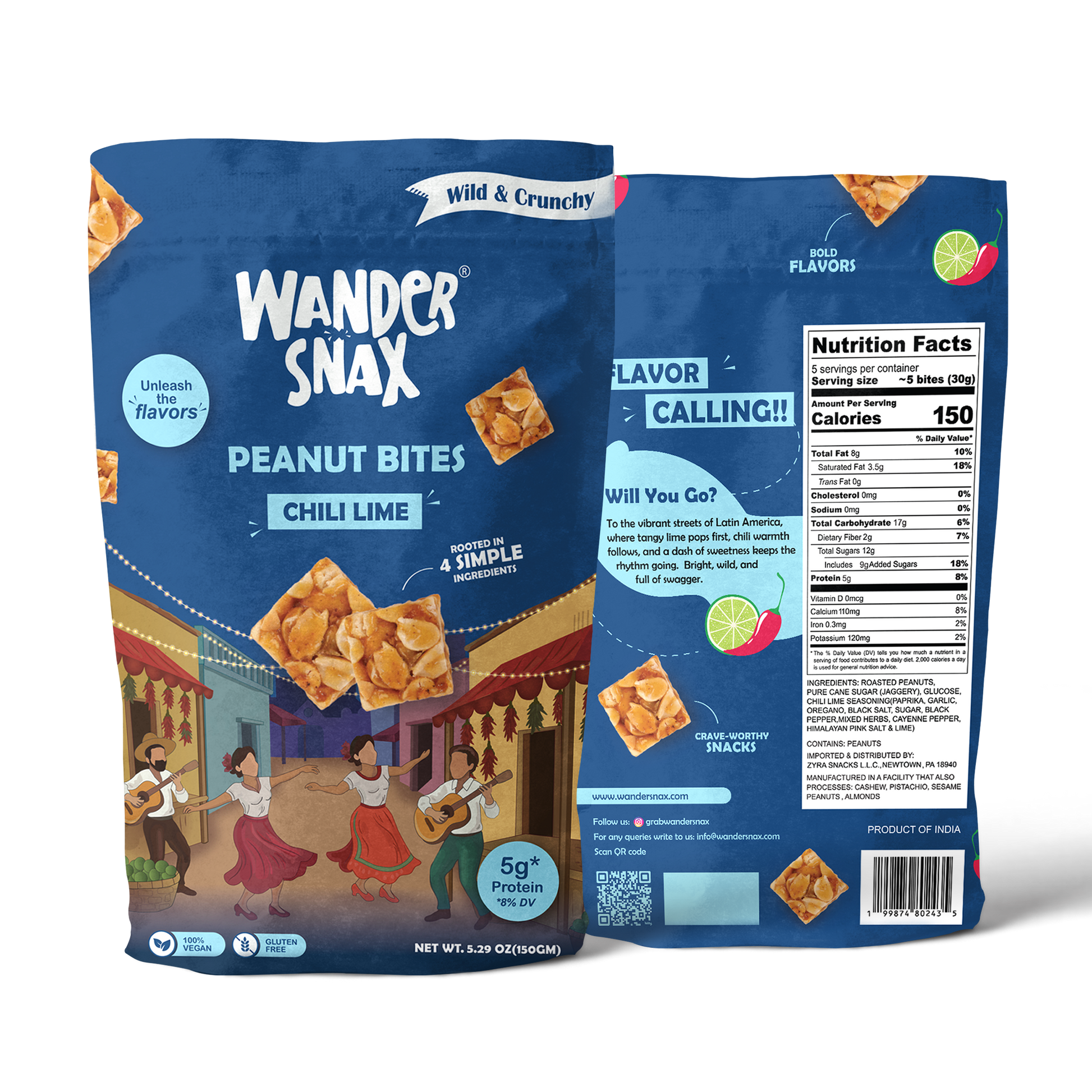 WanderSnax Chili Lime Peanut Bites packaging with front and back views on a transparent background