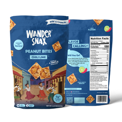 WanderSnax Chili Lime Peanut Bites packaging with front and back views on a transparent background