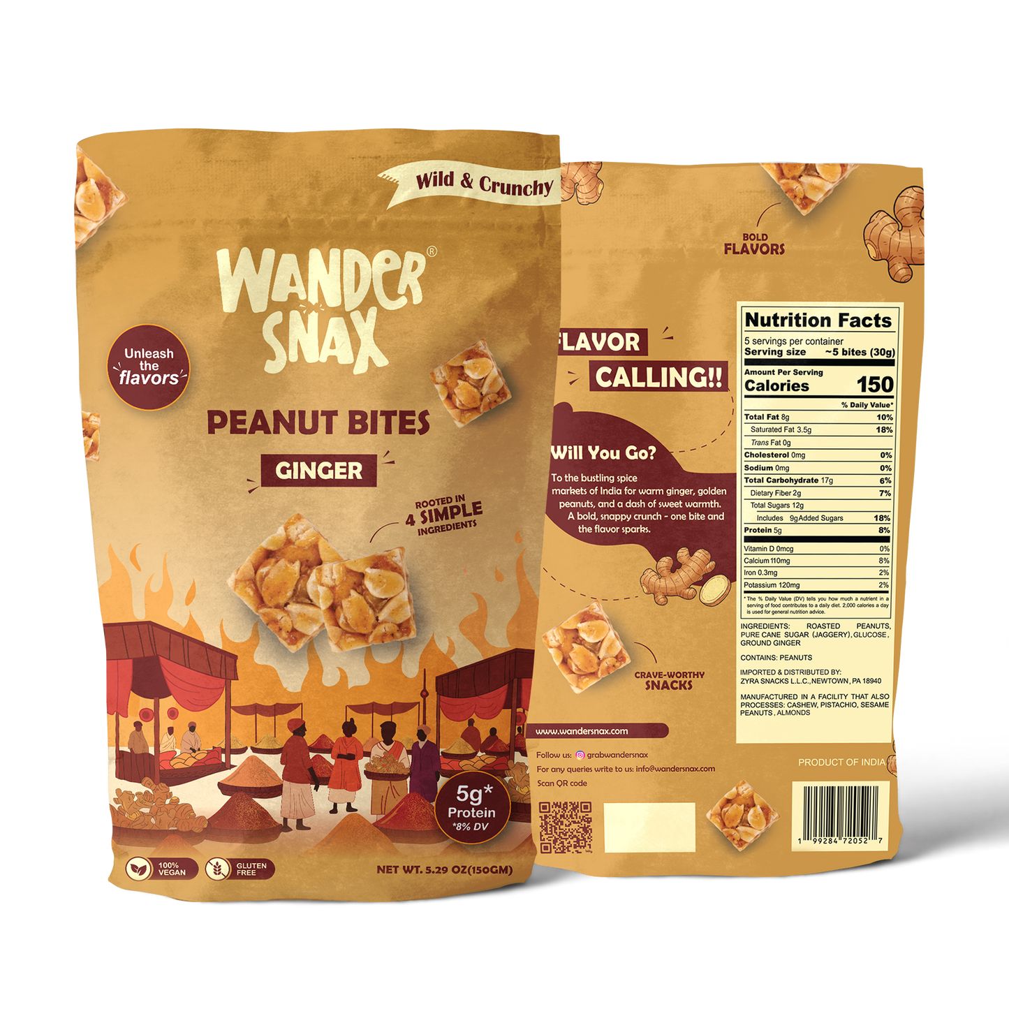 WanderSnax Ginger Peanut Bites packaging with front and back views on a transparent background