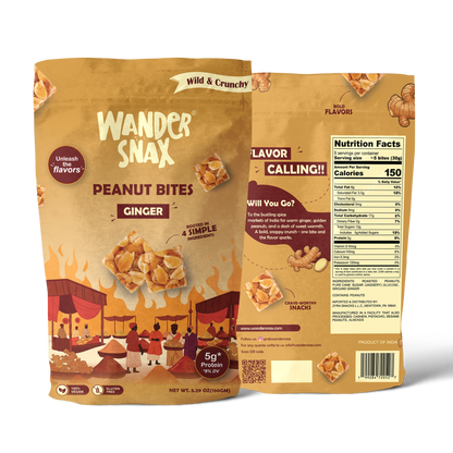 WanderSnax Ginger Peanut Bites packaging with front and back views on a transparent background