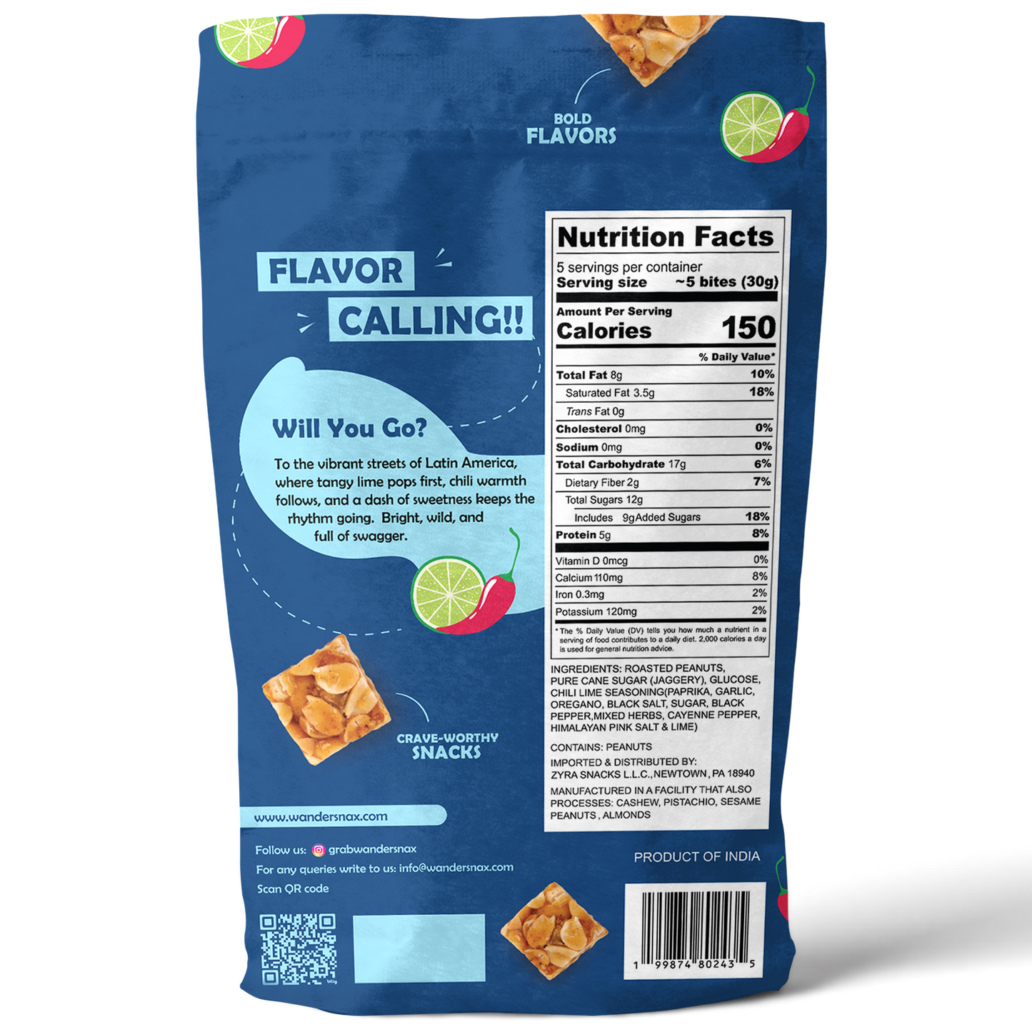 Back view of a Peanut bites- Chili Lime package with nutritional information and flavor description.