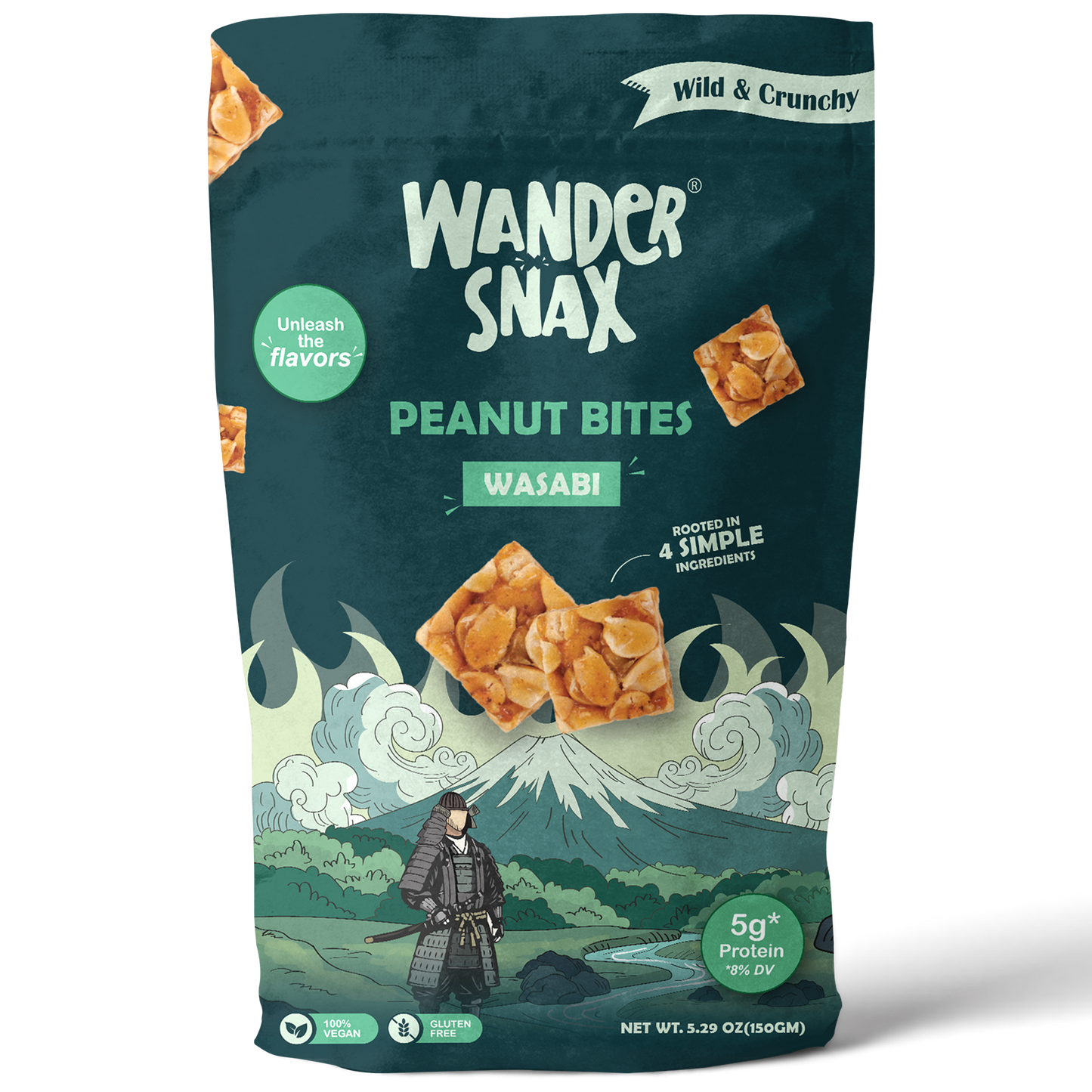 Front view of a Peanut bites- Wasabi package with nutritional information and flavor description.