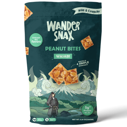 Front view of a Peanut bites- Wasabi package with nutritional information and flavor description.