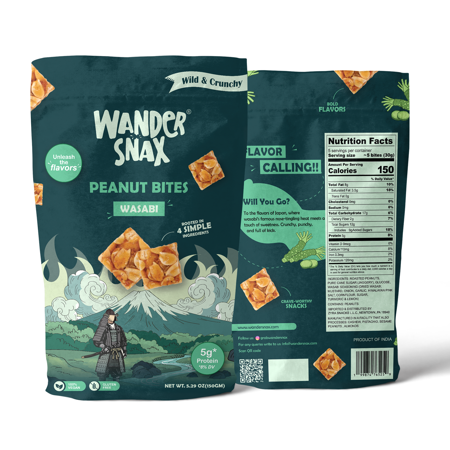 WanderSnax Wasabi Peanut Bites packaging with front and back views on a transparent background