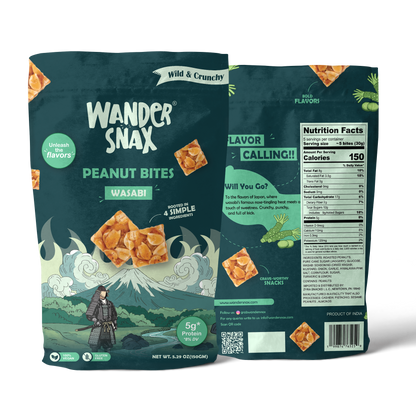 WanderSnax Wasabi Peanut Bites packaging with front and back views on a transparent background